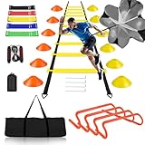 BJNCDIO Fussball Trainingszubehör, Koordinationsleiter 6m mit 12 Hütchen, Abnehmbar Hürden, Springseil, Widerstandsbänder, Widerstandsschirm,Fussball Trainingsset,Fussball Geschenke Jungen (Gelb)