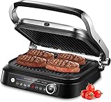 Kontaktgrill, Intelligenter Elektrogrill 2100W | 8 voreingestellte Grillprogramme | Überback-Funktion | Abnehmbare Platten Spülmaschinenfest 31 x 24 cm