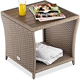 Casaria® Beistelltisch Creme Wetterfest Klein Holz Polyrattan Akazie 45x45x40cm 80kg Belastbarkeit Outdoor Tisch Gartentisch Balkontisch Gartenmöbel