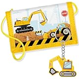 Hestya Kinder Brustbeutel - Dreifach Gefaltete Geldbörse mit Schlüsselanhänger, Portemonnaie zum Umhängen Geschenk für Jungen & Mädchen (Baustelle-Bagger)