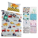 Kinder Baby Bettwäsche Set für Mädchen und Jungen | 100x135 cm + 40x60 cm | 100% Polyester Mikrofaser | Reißverschluss | Baustelle – Bagger und Autos | blau