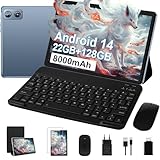 2025 Neuest Android 14 Tablet 10 Zoll, 22(6+16)GB RAM+128GB ROM/TF 2TB, 8000mAh Akku, 8-Cores CPU, Face ID, Widevine L1, WLAN 6, GPS, BT5.0, 5MP+8MP, Tablet mit Tastatur+Maus, Metallkörper Grau