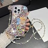 CrazyLemon für iPhone 17 Pro Schutzhülle Sparkle Glitzer Strasssteine Geldbörse Blumen Vögel Design mit Armband Kette Stoßfeste Frauen Mädchen Hülle - Rosa