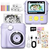 MILFECH Kinderkamera Sofortbildkamera, 1080P 2,4 Zoll Bildschirm DigitalKamera Kinder mit 5 Rollen Druckpapier,32GB Karte, Fotokamera mit 6 Farbigen Stiften,2 Aufkleber Geschenk für Kinder (Lila)