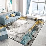 QGYFRE Teppich Bettumrandung Schlafzimmer Teppiche Gelb-Blauer Abstrakter Flur waschbar Grau 90x150CM kuscheliger Auslegware Kinderzimmer Wohnzimmer