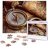 Puzzle 500 Teile Holzpuzzle Kompass und Alte Weltkarte Fotopuzzle Personalisiertes Bilderpuzzle für Erwachsene Benutzerdefinierte Puzzles Herausfordernde Puzzles für Familie Hochzeitsgeschenk