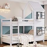 MQGPM Etagenbett 90x200 cm mit Fenster und Lattenrost, Stockbett mit Leiter und Rausfallschutz, Bettgestell aus Kiefernholz, Weiß