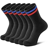 Airacker Sportsocken, Sportsocken, Laufen, Wadensocken, leistungsstark, gepolstert, atmungsaktiv, Crew-Socken für Herren und Damen (6 Paar), Schwarz mit blau-roten Streifen, 41.5-46 EU