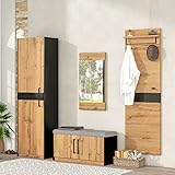 Merax Garderoben Set 4-teilig mit Spiegel und Sitzbank, Flurgarderoben Set, Garderobenmöbel, Stylishe Kompaktgarderobe mit 4 Kleiderhaken, Stangen und Ablage, Braun & Schwarz