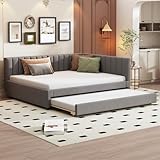 TIZZ 140 * 200 Polsterbett, Ausziehbares Schlafsofa, Multifunktionsbett mit Lattenrost, Jugendbetten Kinderbetten Gästebetten, Samtstoff Grau