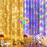hepside Lichterkette Vorhang Innen Dimmbar Warmweiß/Bunt, 3x3m 300 LED Lichterketten Vorhang mit 8 Lichtmodelle, IP65 Wasserdicht USB Lichtervorhang mit Fernbedienung für Party Weihnachten