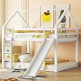 Etagenbett Kinderbett 140 x 200 mit Rutsche und Leiter,Doppelbett Hochbett Hausbett für 2 Kinder,Hoch-Doppel-Stockbett Spielbett Jugendbett, Baumhaus Doppelbett mit Rausfallschutz und Lattenrost,Weiß