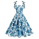 Odizli Rockabilly Kleider Damen Elegant Vintage 50er Jahre Petticoat Kleid Sommer Spaghettiträger Blumen A Linie Swing Knielang Sommerkleid Hochzeitsgast Festlich Cocktailkleid Abendkleid Blau M