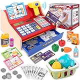 JONRRYIN Holz Kasse Kinder Spielzeug, Spielkasse Kinderkasse mit Scanner & Sound, Spielgeld Einkaufskorb Kaufladen Zubehör, Kasse Kaufladen Rollenspiel Geschenk für Jungen Mädchen ab 3+