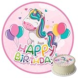 J&M DECO Tortenaufleger Einhorn – essbare Kuchendeko Ø 20 cm – Tortenbild für Mädchengeburtstag mit Regenbogen-Motiv – Tortendekoration aus Zuckerpapier – gebrauchsfertig