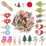 50 Stück Mini Weihnachten Holzklammern, 3.5cm holzklammern Klein, Weihnachten Wäscheklammern, Dekoklammern mit 2m Hanfseil, für Fotos Weihnachten Deko Postkarten