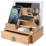 iCozzier Bambus-Telefonhalter, Schreibtisch-Dockingstation mit Schublade, Schlüssel, Geldbörse, Uhr, Holzständer, Betttisch und Schreibtischhalterungen, Tisch-Organizer (7)