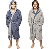CalmyLIFE Bademantel Kinder Mädchen Jungen - mit Wendefunktion und Kapuze Teenager kuschelige Bademäntel für Jungs Kinderbademantel (134/140 Dunkelblau/Hellgrau)