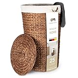Casa Mina® Wäschekorb mit Deckel D30 x H45cm hoch I Atmungsaktiver Wäschekorb geflochten aus 100% Naturfaser I Robuster Wäschesammler mit Griffen & waschbarem Innensack I Wäschekörbe - Lombok