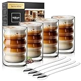 ElbFuchs® Latte Macchiato Bubble-Gläser Set [4×400 ml] Doppelwandige Thermogläser, kristallklar mit Löffeln | Cappuccino-Gläser, Kaffeegläser & Teegläser