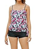 LAWEHXF Damen Bandeau-Tankini, gerüscht, Stretch-Shorts, zweiteiliger Badeanzug, Weißes, rosa Blätter, XL