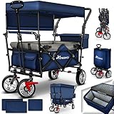 TRESKO Bollerwagen faltbar mit Dach, Kühltasche & Seitenrollos | Handwagen mit 3-Punkt Gurtsystem | Gartenwagen klappbar | Transportwagen mit Vollgummi-Reifen + Bremse + Tragetasche (Blau)