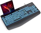 SABLUTE Tastatur Beleuchtete Kabel USB PC Ergonomische Tastaturen Hintergrundbeleuchtete Computertastatur mit großem Druck, 7-Farbiger Hintergrundbeleuchtung,Telefonhalter, gut lesbar