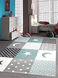 Traum Kinderzimmer Teppich Spiel & Baby Teppich Punkte Sterne Mond Design in Blau, Größe 80x150 cm