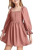 Haloumoning Mädchen Kleid Rüschen Langarmkleid A-Linie Freizeitkleid Chiffon Prinzessin Partykleid Festlich Herbst Winter Kleid für Hochzeit Geburtstag Ball Rosa 150