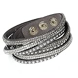 Unique Gems Damen Strass Armband Wickelarmband Kristalle grau weiß edles Alcantara Nieten mit Druckknöpfen zum verstellen