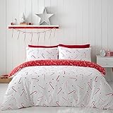 Catherine Lansfield Wende-Bettwäsche-Set für Einzelbett, Motiv: Zuckerstange, Rot/Weiß