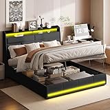 Hydraulisches Bett 140 x 200 cm, Bett mit LED Beleuchtung, Polsterbett Doppelbett mit Stauraum, Funktionsbett, Bettgestell mit Lattenrost, Jugendbett, Ohne Matratze, PU, Schwarz
