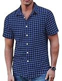 COOFANDY Kariertes Hemd Herren Kurzarm Freizeithemden Männer Sommerhemd Baumwolle Regular Fit Blau Schwarz 3XL