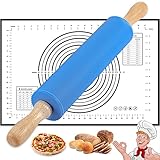 Nudelholz mit Backmatte - 43,2 cm Groß Edelstahl Teigroller mit Silikon Beschichtet - Antihaft Teigrolle Backzubehör mit Holzgriff für Pizza, Nudelteig, Cookie, Kuchen, Fondant, Gebäc, Teig - Blau