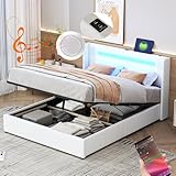 LuxeLiving Polsterbett mit Kopfteil LED Beleuchtung, Bluetooth Lautsprecher und Aufladen USB, Kunstleder Gepolstertes Bett mit Stauraum und Lattenrost (Weiß, 140 x 200 cm)
