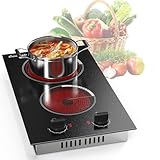 Cooksir Glaskeramikkochfeld 2 Platten Stecker, Herdplatte 2 Kochfelder mit Knöpfen, 30CM Autarks Doppel Einbau Kochplatte, 2 Unabhängiger Drehknopf, 3000W, 9 Leistungsstufen, Infrarotheizung, 240V