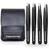 PORTENTUM Professionelle Pinzette Augenbrauen Zupfen, Präzision, 4 Pinzetten Set aus Edelstahl zum Entfernen von Mitessern, eingewachsenen Haaren, Wimpern