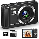 4K 64MP Digitalkamera mit 32 GB Speicherkarte Autofokus-Kompaktkamera mit 16-fachem Digitalzoom, wiederaufladbare 2 1200mAh Batterien 2,4-Zoll-Mini-Kinderkamera für Anfänger