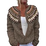 Damen-Strickjacke, bedruckt, Cardigan, Vintage, große Größe, Langarm, Rundhalsausschnitt, leicht, offen auf der Vorderseite, Strickjacke, Herbst und Winter, Khaki #11, 5X-Large