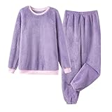 YOSUWOAI Damen Herren Schlafanzüge Warme Fleece Pyjama Set Winter Langarm Hausanzug Weich Nachtwäsche Mit Lamgarm Oberteile Und Lange Hosen Flanell Schlafanzug Einfarbig Loungewear