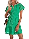 SEVETAT Sommerkleid Damen Kurz A Linie Kleid Abendkleid Elegant Aushöhlen Bestickt Rüschen Minikleid Partykleid Freizeit V-Ausschnitt Kurzarm Sommer Süß Strandkleid (XL, Grün)
