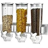 BAKAJI Dreifacher Müsli-Spender zur Wandmontage, Wandmontage, Spender für trockene Lebensmittel, Süßigkeiten, Cornflakes, Nüsse, abnehmbarer Deckel mit luftdichtem Verschluss (Silber)
