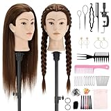 TwoWin Friseurkopf Echthaar mit Ohrlöchern, 60 cm (24 Zoll) 80% Haaren Mannequin Frisierkopf, Trainingskopf für Friseure für Styling & Friseurpraxis mit DIY Haare Frisuren Set (Braun)