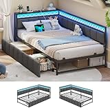 AOGLLATI Polsterbett Schlafsofa 90x200 mit USB-Steckdosen und LED-Beleuchtung Jugendbett 90x200 mit 2 Schubladen,Tagesbett Gästebett Bettgestell mit Lattenrost,Ohne Matratze (Grau) (90x200cm)