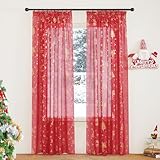 PONY DANCE Rote Weihnachtsgardine Transparent Weihnachten Vorhänge mit Kräuselband für Schiene 2er Set Wohnzimmer Gardinen Weihnachtsmotiv Sheer Curtains for Living Room, H 245 x B 140 cm