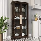 BELLEZE Aufbewahrungsschrank, hohes Bücherregal oder Vitrine für Wohnzimmer, Schlafzimmer, Curio-Schrank mit Türen aus gehärtetem Glas, Trophäenvitrine, Aufbewahrung/Organisation – Avalon (Dunkle
