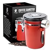 MOVASEE Kaffeedose Luftdicht mit Datumsanzeige u. CO2-Ventil - 1.8L Vakuumbehälter für Kaffeepulver, Kaffeebohnen - Edelstahl Kaffeebohnen Behälter - Dekorative Teedose, Zuckerdose (Rot)