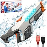 SPINNE LUCAS Wasserpistole Elektrisch, EIN-Knopf-Automatik Wasserspritzpistole, Wasserpistole Große Reichweite mit Licht, Automatische Wasserpistole für Kinder und Erwachsene (Grau)