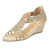 PIZZ ANNU Sandalen Damen Glitzer Strass Sandaletten mit Keilabsatz Reißverschluss Plateau Sommer Frauen Schuhe Keilsandalen Elegant Bequem Sommerschuhe Gold EU 38