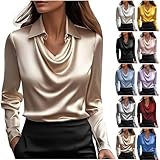 KODMNSW Blusen Damen Satin Bluse Elegante Oberteile Langarm Shirts Festliche Blusen Elegant Seidig Shirt Hemdbluse Arbeitshemd Seiden Business Blusenshirt Lässiges Langarmshirt Gold S